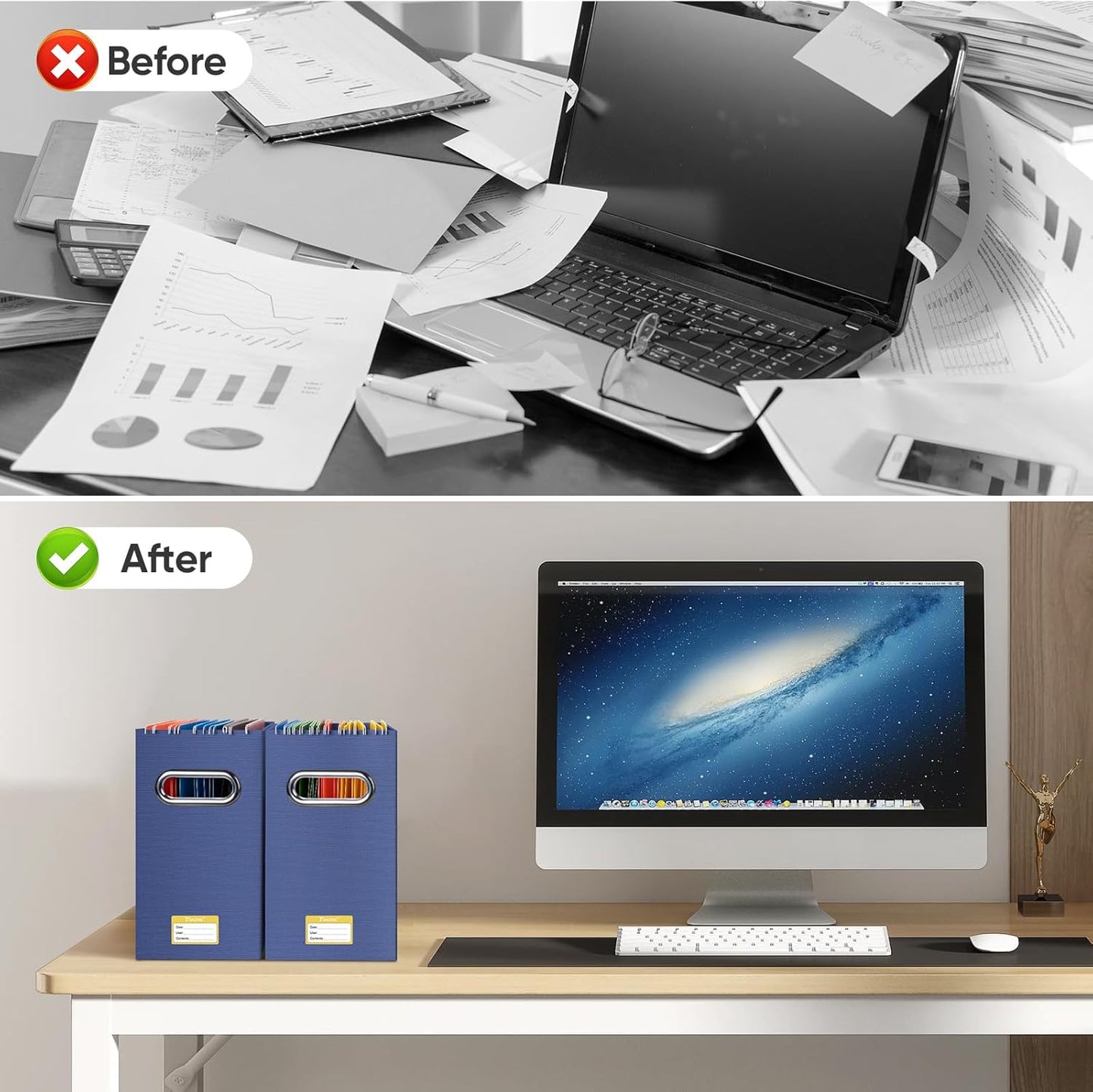 BALEINE File Organizer Box, Cardboard File Folder Organizer with Handle for Letter Size, Portable Collapsible Hanging Filing Box for Home Office Document Storage (2 Pack, Navy)