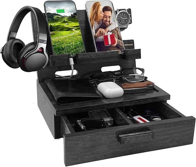 Gifts for Him Husband Boyfriend Son Men Nightstand Organizer Wood Phone Docking Station Birthday Gifts (Black)