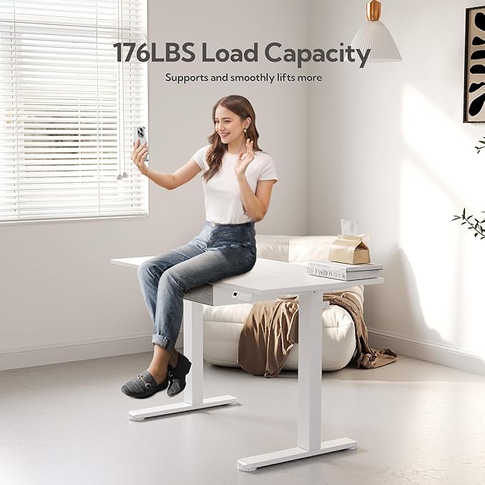 Seang Standing Desk with Drawer, 48" x 24" Height Adjustable Stand Up Desk, 3 Memory Height Settings with Cable Grommets & Storage Hooks, Ideal for Home & Office, White