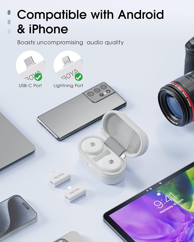 BOYA Omic Wireless Microphone for iPhone/Android with MFi Certified Lightning/USB-C Plug, Noise Reduction, 164ft 30H Battery Life with Charging Case, iPhone Microphone for Video Recording-White