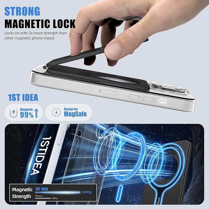 Magnetic Tripod for iPhone, Aluminium Phone Tripod Stand Compatible with Magsafe iPhone 16/15/14/13/12 Series, Foldable Strong Magnetic Phone Stand & Portable Phone Holder, Black