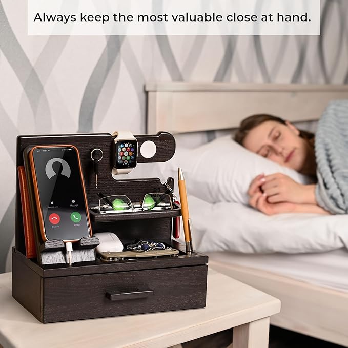 TESLYAR Wood Phone Docking Station with Drawer - Nightstand Organizer - Desk Organizer for Husband - Birthday Gifts for Men, Dad, Anniversary Idea, Key Holder Stand Watch & Accessories (Granite Black)