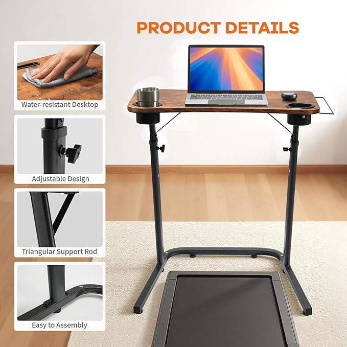 Treadmill Desk, Small Standing Desk for Walking Pad, 30-47 Inch Adjustable Height Walking Pad Stand for Treadmill, Portable Standing Table for Bike and Home Office Work - Brown