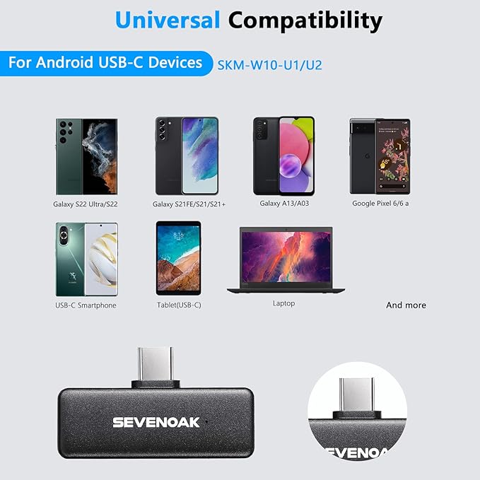 Sevenoak Wireless Lavalier Microphone,USB-C Wireless Clip on Mic for Android/Type-C Smartphone Mini Bluetooth Mic for Podcast Facebook YouTube Vlogging Video Recording (SKM-W10-U1)