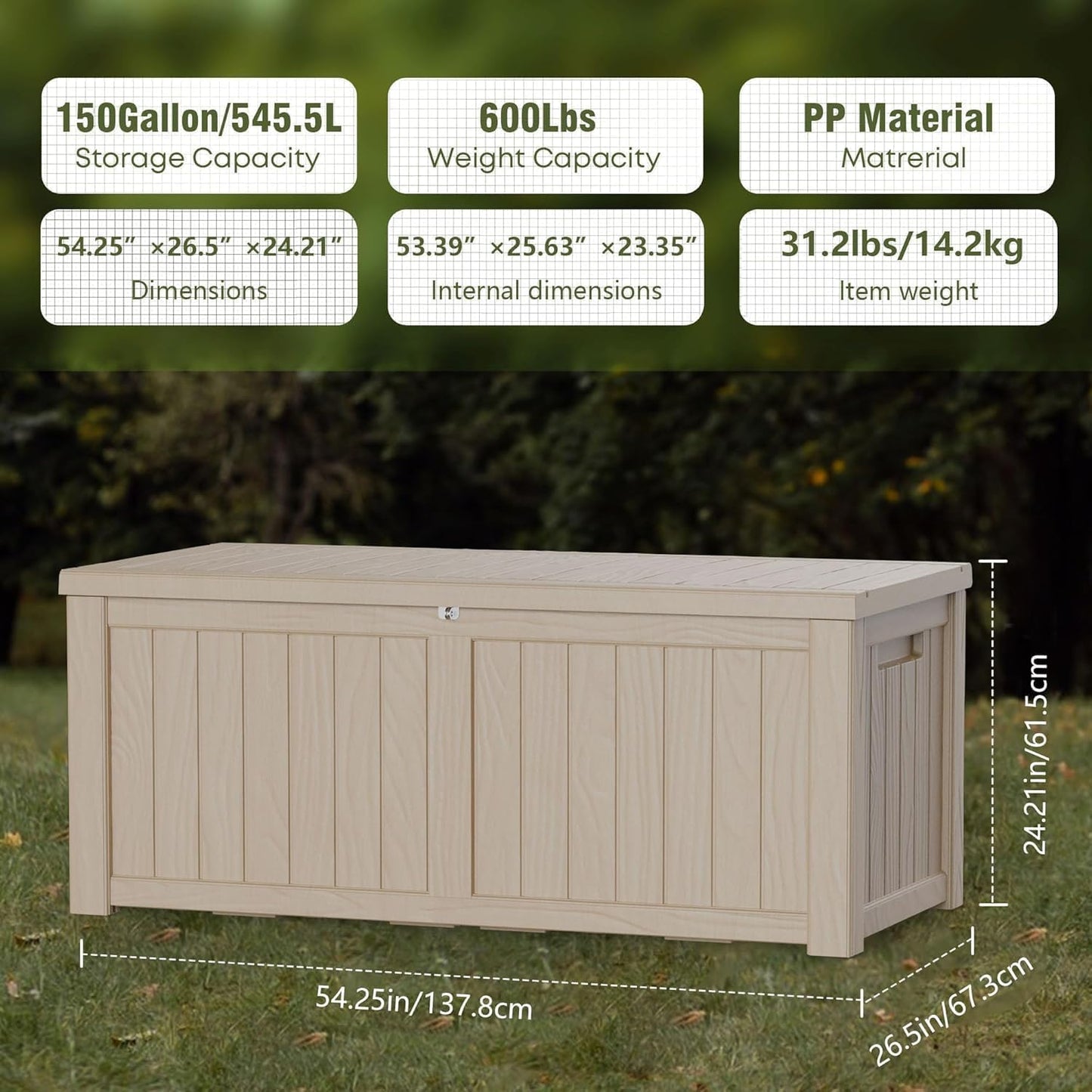 150 Gallon Outdoor Storage Box Waterproof Lockable Resin Deck Box Large, Patio Storage Bin for Pool Accessories Cushion Furniture, Garden Tools, UV-Resistant Outside Delivery Grey