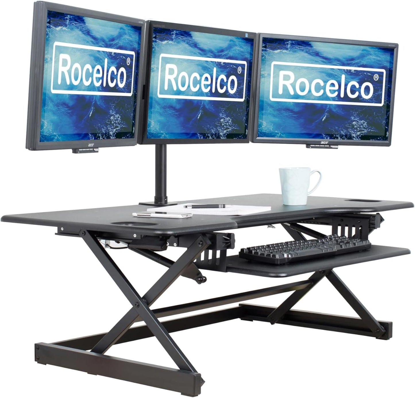 Rocelco 46" Large Height Adjustable Standing Desk Converter - Quick Sit Stand Up Triple Monitor Riser - Tall Gas Spring Assist Computer Workstation - Retractable Keyboard Tray - Black (R DADRB-46)