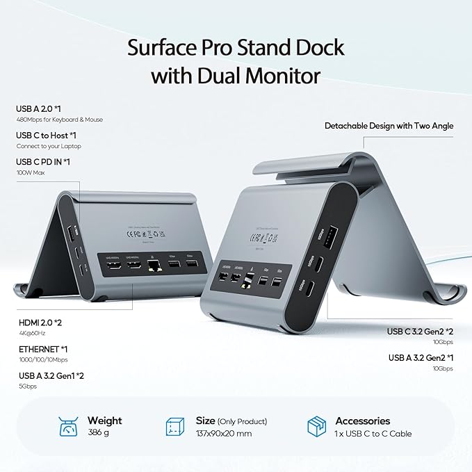 USB C Docking Station Dual Monitor for Microsoft Surface Pro 11/10/9/8, PULWTOP Dual Displays with 2 xHDMI 4K, 3 x USB-C/A 10Gbps, 2 x USB-A 5Gbps, USB-2.0, Ethernet, PD