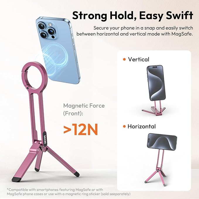 ULANZI MA30 Magnetic Phone Tripod Stand for iPhone - Aluminium Maglock Smartphone Mini Tripod Pocket Cell Phone Stand Strong Magnet Quick Mount Compatible with iPhone 16 15 14 13 12 Series, Pink