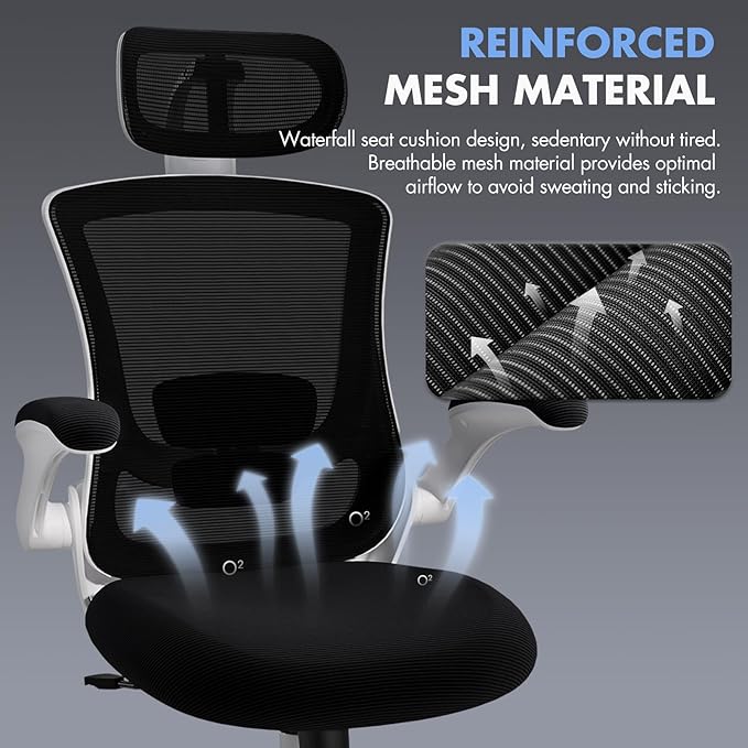 High Back Office Chair with Adjustable Lumbar Support & Headrest, Ergonomic Mesh Desk Chair with Flip-Up Armrests, Breathable & Comfortable Computer Chair for Home, Office & Study, Black