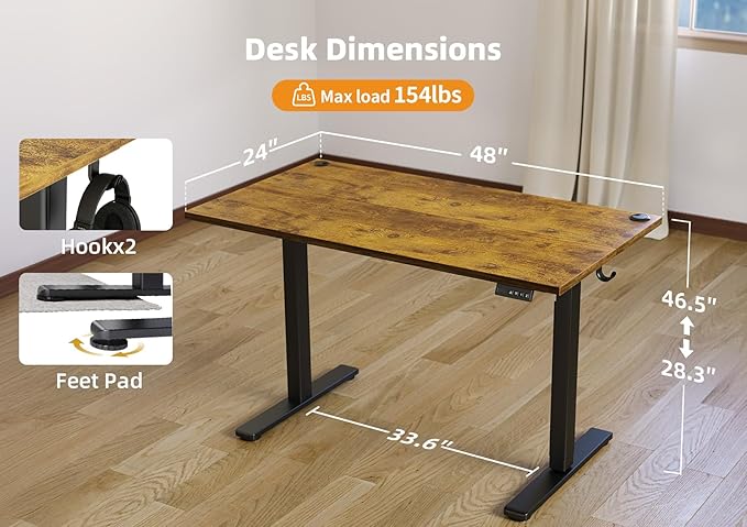 Seang Standing Desk with Adjustable Height, 48x24 Inch Electric Stand Up Desk for Home Office, Studio, Computer Workstation, Rustic Brown Top