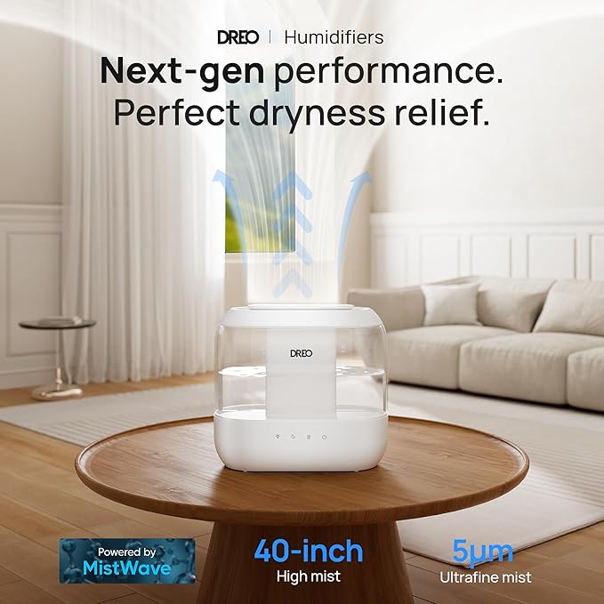 Dreo Humidifiers for Bedroom, Top Fill 4L Supersized Cool Mist Humidifier, 36H Runtime, 28 dB Quiet Ultrasonic Air Humidifier for Large Room, Plants, Baby Nursery, Indoor, Night Light, Easy to Clean