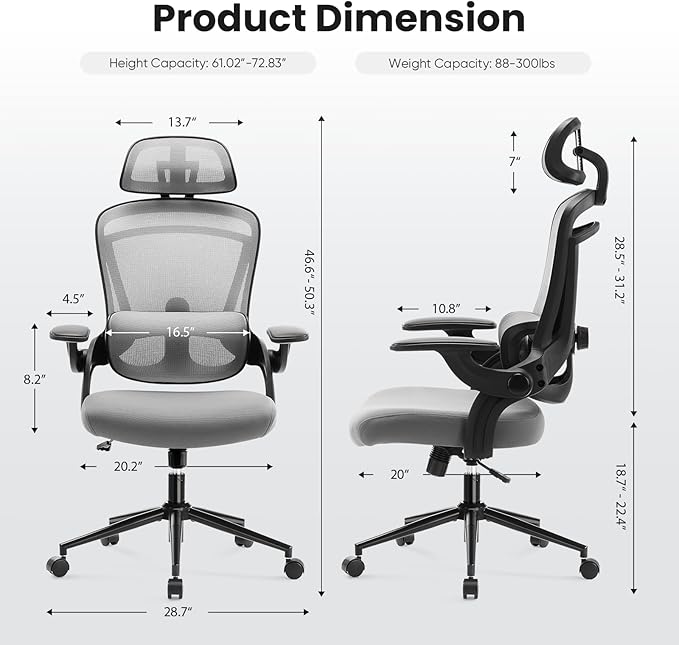 DUMOS Ergonomic Mesh Office Chair - High Back Executive Chair with 2D Headrest & Up&Down Lumbar Support | Adjustable Flip-Up Arms, 330lbs Heavy Duty for Home Office/Gaming