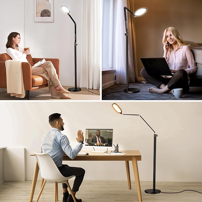 Ring Light with Stand, 15W Dimmable Zoom Lighting for Computer, Home Office, Reading, Video Calls, 66 Inches Floor Lamp with Flexible Swing Arm, AC Plug, Remote, Memory & Timer CRI >95