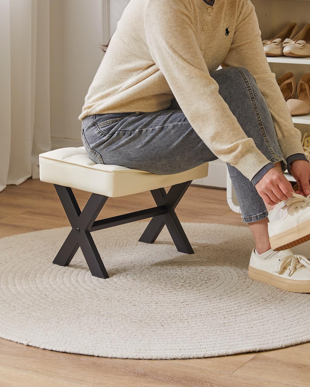 IBUYKE Small 12" H Footrest Stool, Square PU Foot Stool with Metal X-Leg, Multi-Use as Small Side Table, Step Stool for Living Room, Bedroom, Entryway, Office, White WBD012W