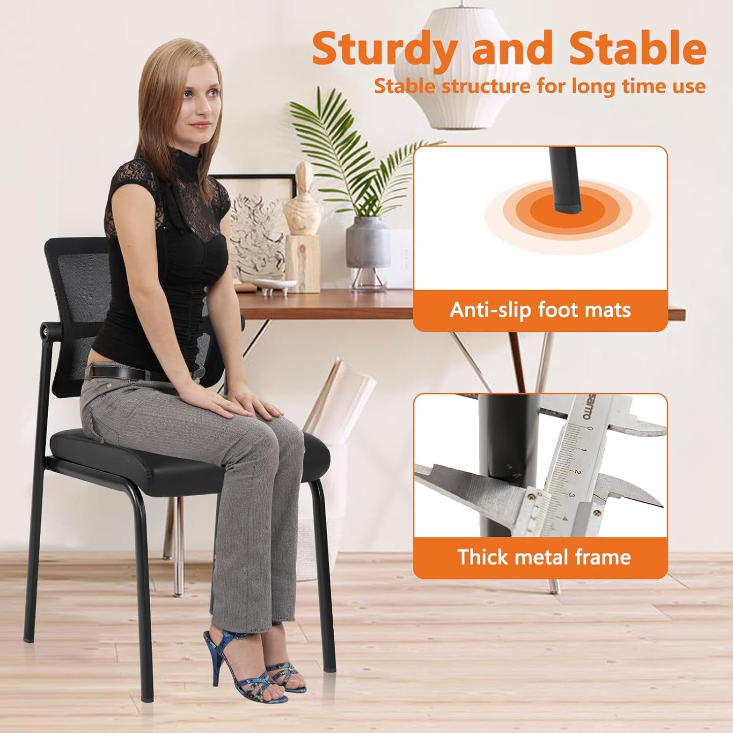 CLATINA Stackable Waiting Room Chair with Adjustable Mesh Backrest, Armless Office Guest Reception Chairs with Leather Cushion and Ergonomic Lumbar Support for Conference Lobby Side School, Black