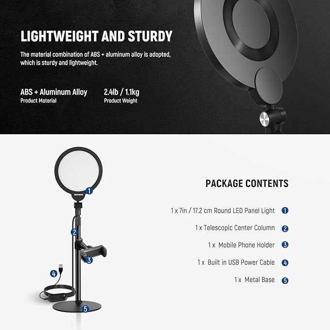 NEEWER Basics 7" Desk Ring Light for Video Recording, 10W Dimmable Full Screen Key Lighting with Stand&Phone Holder for iPhone Computer Laptop Vlog Live Streaming Video Conference, R06