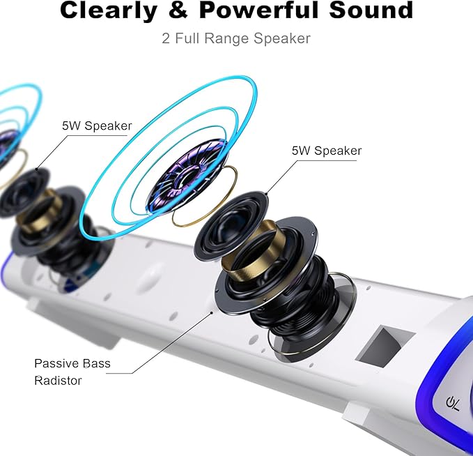 SOULION R30 Computer Speakers, USB Powered 3.5mm AUX Small PC Speakers, Colorful LED Lights with Switch Button, Surround Sound Portable Computer Sound Bar Speaker for Desktop Laptop White
