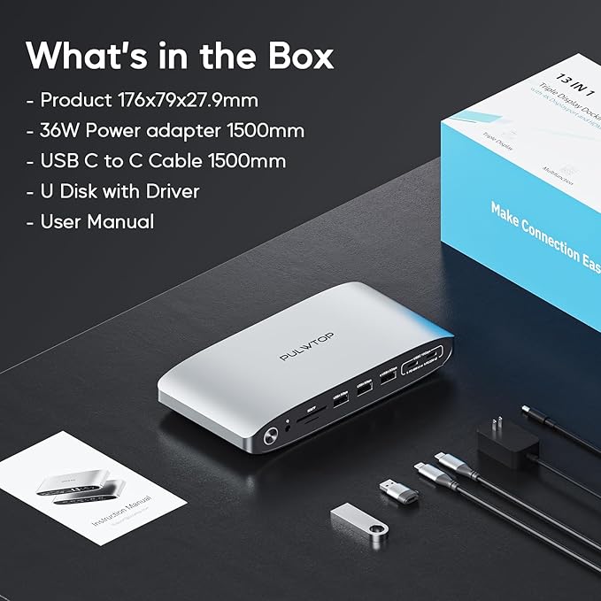 Displaylink Docking Station, Triple Display DisplayLink Dock for MacBook M1/M2/M3 Windows, 4K@60Hz Laptop Docking Station with 2 HDMI, 2 Display Port, PD, USB C Data, 4 USBA, Ethernet, Audio