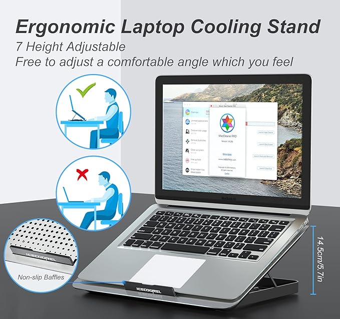 ICE COOREL Aluminum Laptop Cooling Pad, Laptop Cooler Stand with 7 Height Adjustable, Laptop Fan Cooling Pad for Laptop 12-15.6 Inch, Notebook Cooler Pad with Two USB Port (Silver)