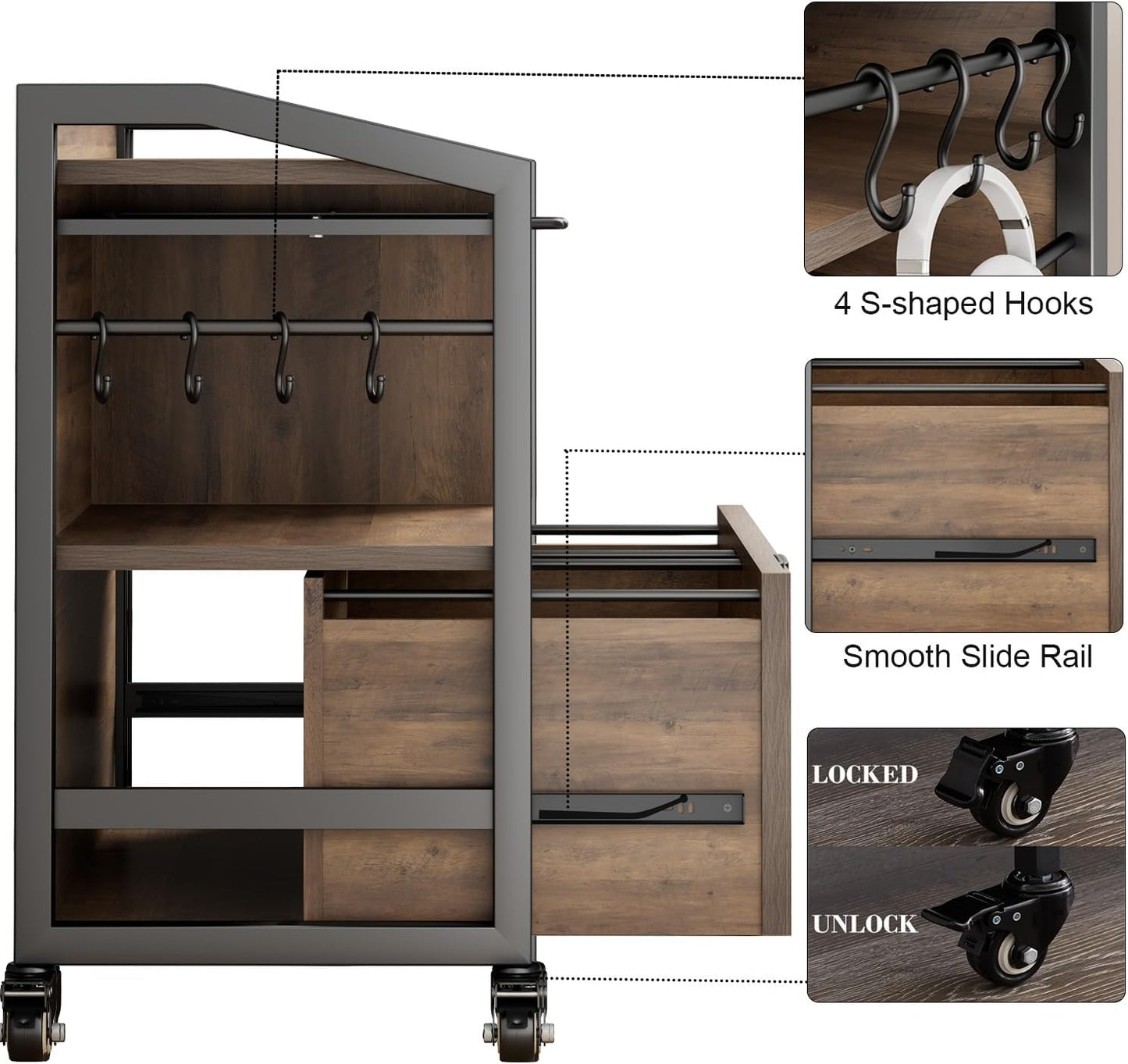 HSH Mobile Lateral File Cabinet with Drawer, Rolling Filing Cabinet for LegalLetter Size, Printer Stand with Storage Shelf, Lockable Wheels, Hanging File Organizer for Home Office, Rustic Oak, 33Inch