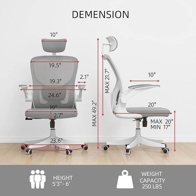 Monhey Office Chair Ergonomic Desk Chair with Lumbar Support&Headrest&Flip-up Arms Height Adjustable Rocking Swivel High Back Computer Chair Warm Taupe Mesh Study Chair (01White+Gray)