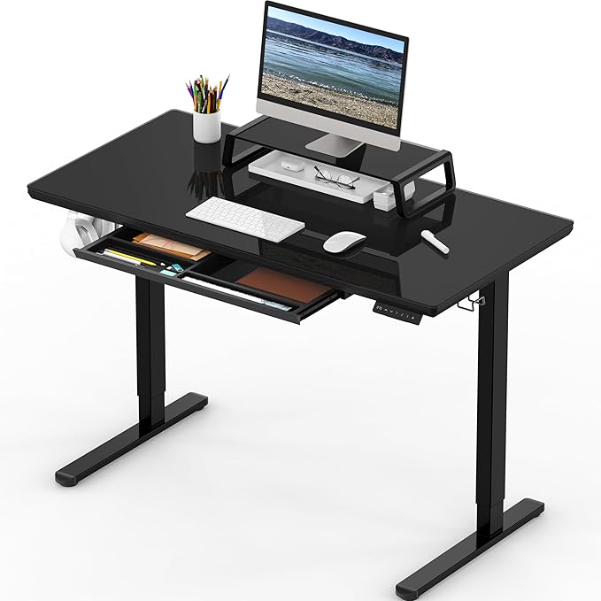 SHW 48x24 Glass Electric Height Adjustable Standing Desk – Motorized Sit Stand Desk with Monitor Riser, Pull-Out Drawer, Memory Presets, Black