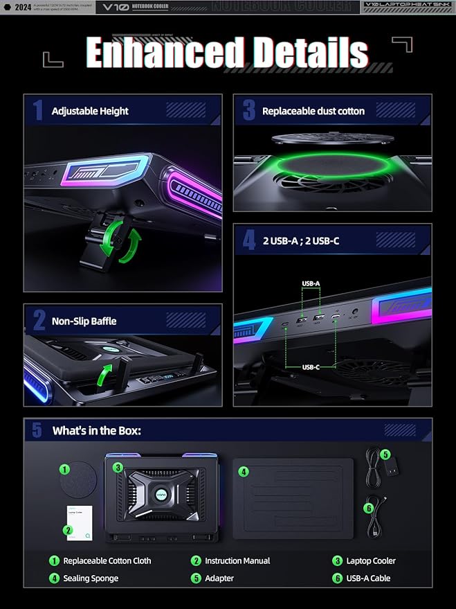 llano V10 Gaming Laptop Cooling Pad, RGB Laptop Cooler Stand with Powerful 4.72 Inch External Turbo Cooling Fan, Fast Cooling Computer 13-17.3in, Button Control, 3 Adjustable Stand, 4-Port USB C&A