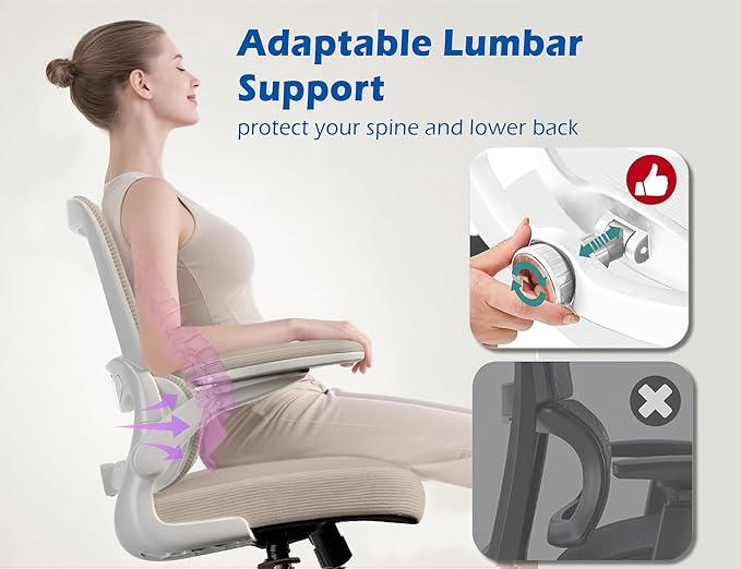 TRALT Ergonomic Office Chair - Desk Chair with Adjustable Lumbar Support Computer Chair - Mesh Comfy Chair with Flip-up Armrests - Gaming Chairs for Adults Home Office (Leather, Beige)