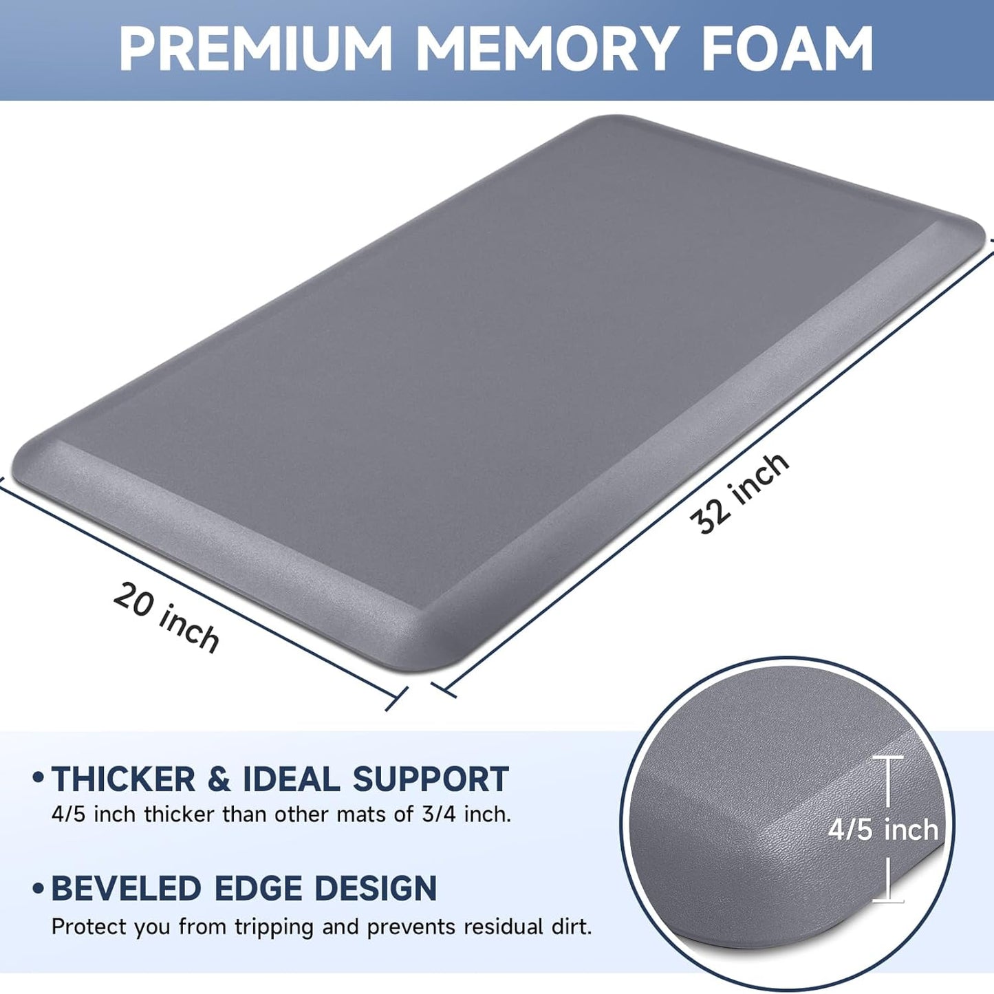 4/5 Inch Thick Kitchen Mats for Floor, StepRite Kitchen Rug for Standing Desk, Non-Slip, Thicker, Stain Resistant, Waterproof, Comfort Anti Fatigue Floor Mat for Home, Kitchen, Office - Grey,32*20''