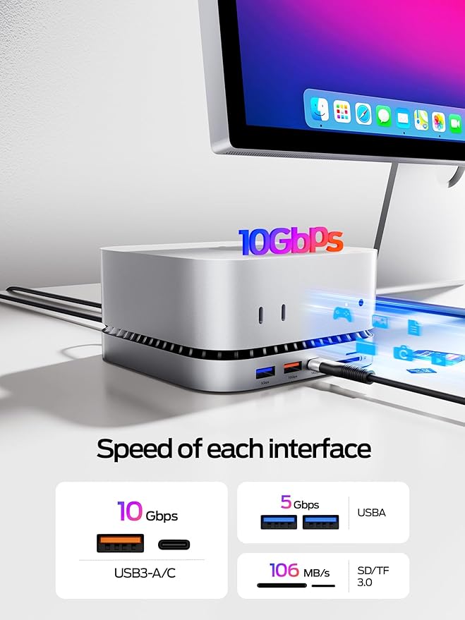 MOVE SPEED Mac mini M4 Dock with 1TB NVMe SSD, 10 in 1 Aluminum Stand Hub, 10Gbps USB-C/A, 4K60Hz HDMI, SD/TF Reader, Space-Saving Vertical Design