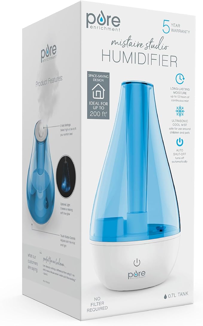 Pure Enrichment MistAire Studio Ultrasonic Cool Mist Humidifier - Small & Compact, Overnight Operation, 2 Mist Settings, Optional Night Light, & Auto Shut-Off - For Offices, Plants & Small Spaces