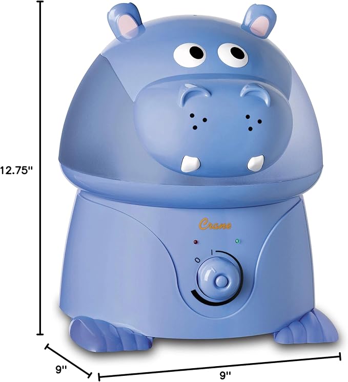 Crane Animal Humidifier for Kids Bedroom, 1 Gal. Cool Mist Humidifier with Adjustable Settings, Optional Filter, Auto Shut-Off, Hippo