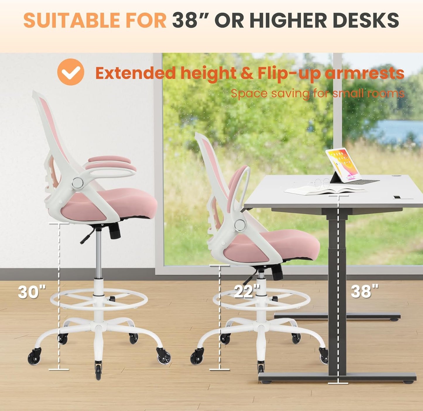 HYLONE Drafting Chair Tall Office, Ergonomic Standing Desk Stool Adjustable Drafting Chair Big Tall Drafting Office Chair Pink