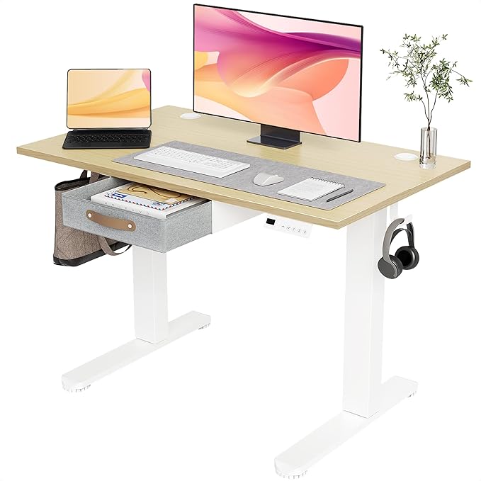 Seang Standing Desk with Drawer, 40" x 24" Height Adjustable Stand Up Desk, 3 Memory Height Settings with Cable Grommets & Storage Hooks, Ideal for Home & Office, Nature
