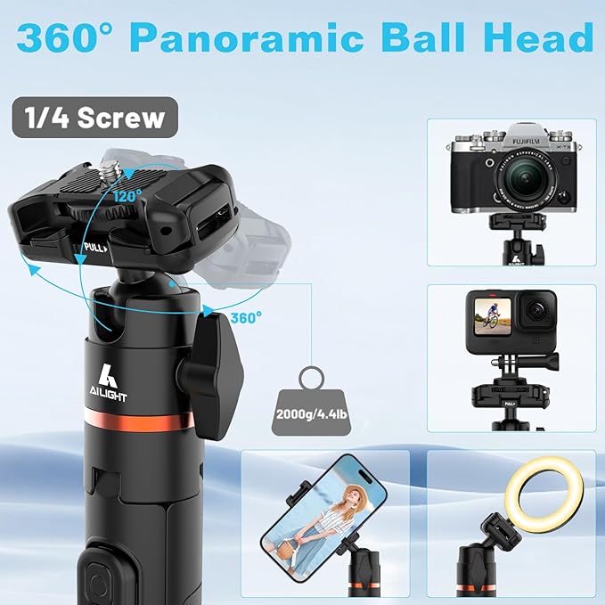 Ailight 60" Extendable Travel Tripod & Selfie Stick with Cold Shoe & Wireless Remote, 360° Ball Head for Vlogging - Lightweight Phone Tripod for iPhone