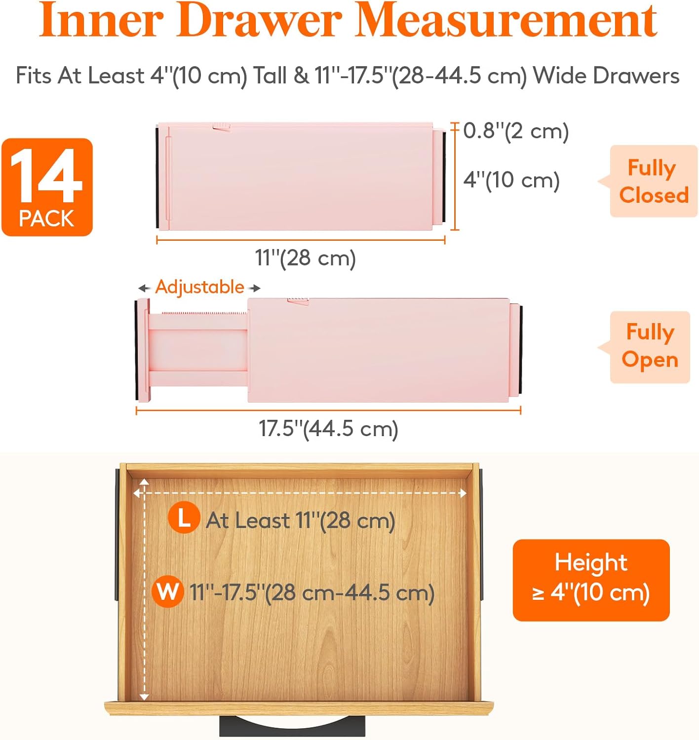 Lifewit 14 Pack Drawer Dividers 4" High, 11-17" Adjustable Drawer Organizers for Clothes, Expandable Dresser Separators in Bedroom/Bathroom/Kitchen/Fridge/Office Organization and Storage, Pink