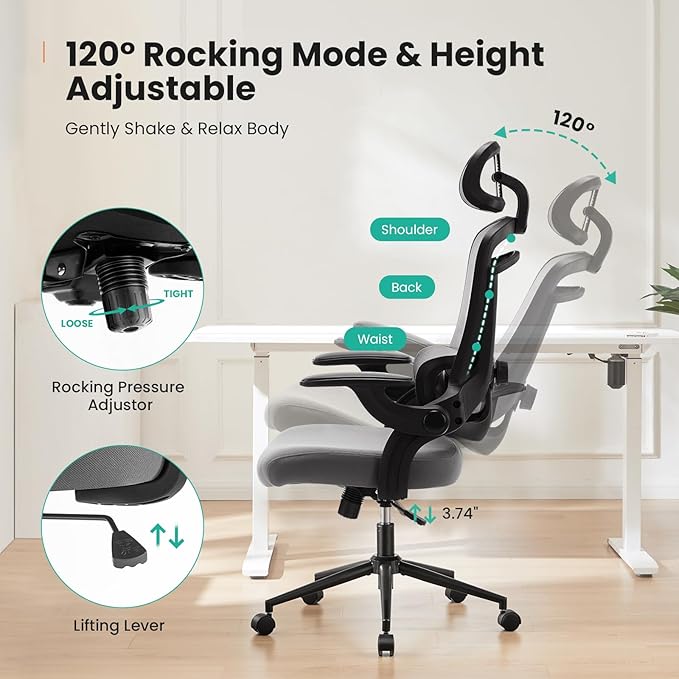 Sweetcrispy Ergonomic Office Chair, High Back with 2D Headrest, Up&Down Lumbar Support, Swivel Computer Task Mesh Desk Chairs with Adjustable Flip-up Armrests, Classic Grey