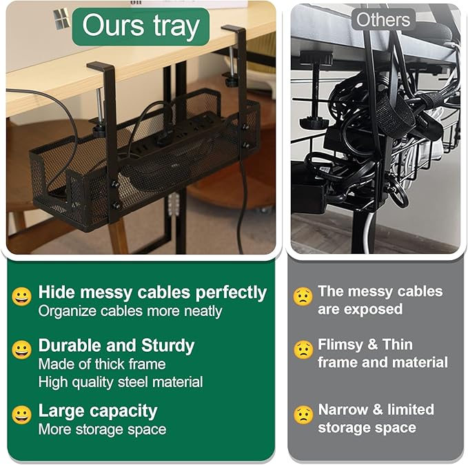 No drill Under Desk Cable Management Tray with clamp-Premium Wire Tray Cord Organizer – Thin Steel Cable Tray Basket with Charger Holder for Desk–Black Cable Management Box–Easy to Install