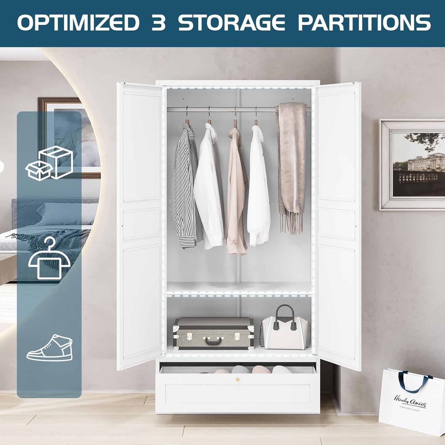 MIIIKO Wardrobe Closet with Drawer, 2 Doors Clothes Cabinet, 72" Metal Storage Cabinets with Hanging Rod, Bedroom Armoires Laundry Room and Office Clothes Storage Organizer Cabinets