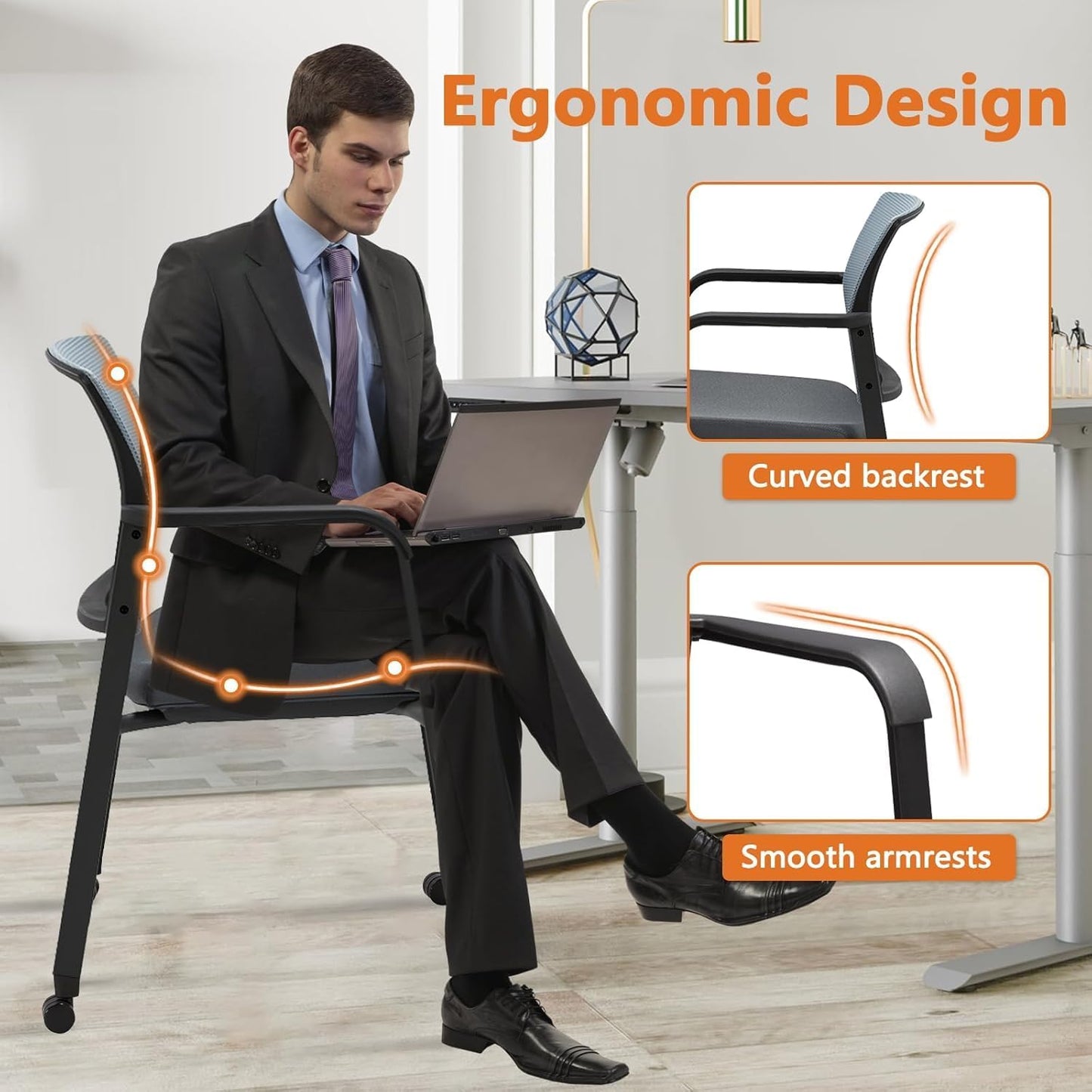 CLATINA Mesh Back Stacking Arm Chairs with Upholstered Fabric Seat and Ergonomic Lumbar Support for Office School Church Guest Reception (WithWheels Gray- 8 Pack)