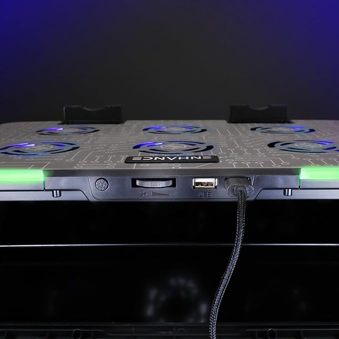 ENHANCE Gaming Voltaic 2 Laptop Cooling Stand - Laptop Cooling Pad with 6 Blue LED Fans, 7 Height Settings, RGB Lighting - Metal Top Cooler Pad with Phone Stand, 2 USB Ports for up to 17 inches