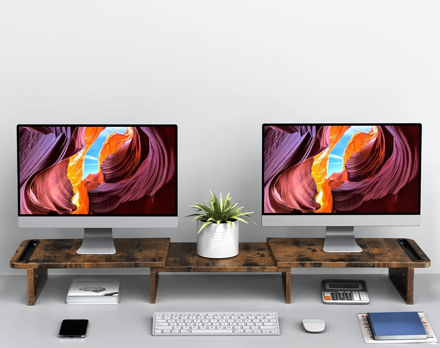 Zimilar Dual Monitor Stand Riser, Monitor Stand with Adjustable Length and Angle, Wood Monitor stand for desk, Monitor Riser for 2 monitors with Storage Space(Rust Brown Large)