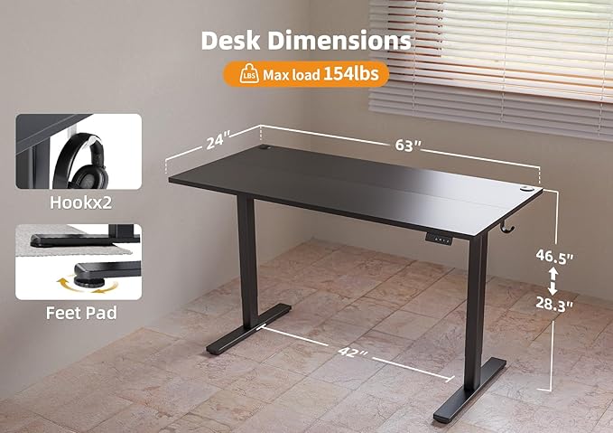 Seang Standing Desk with Adjustable Height, 63x24 Inch Electric Stand Up Desk for Home Office, Studio, Computer Workstation, Black Top