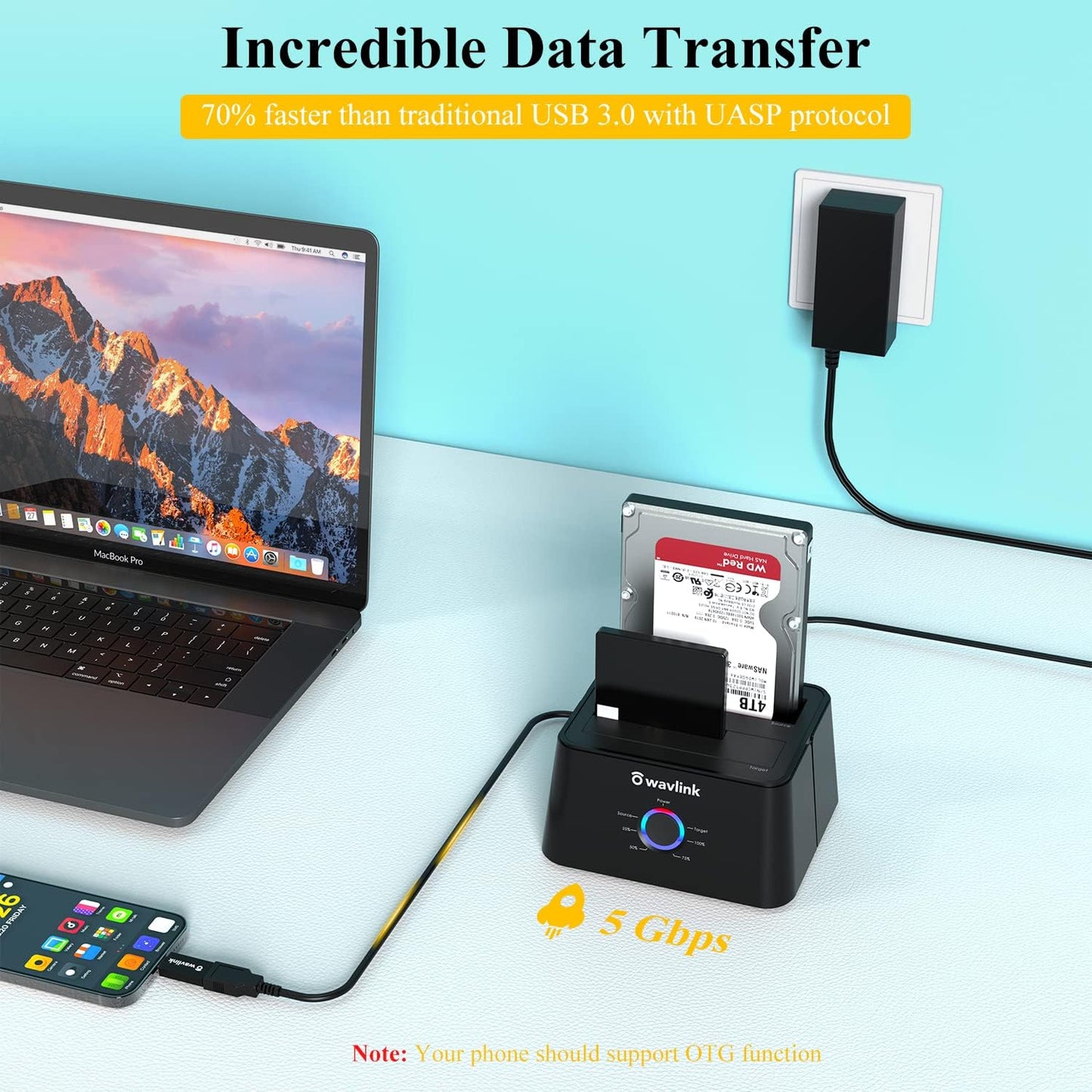 WAVLINK USB 3.0 and USB C to SATA Dual-Bay External Hard Drive Docking Station for 2.5/3.5 Inch HDD/SSD with UASP (6Gbps), Support Offline Clone/Duplicator Function [16TB X2 ]-Black