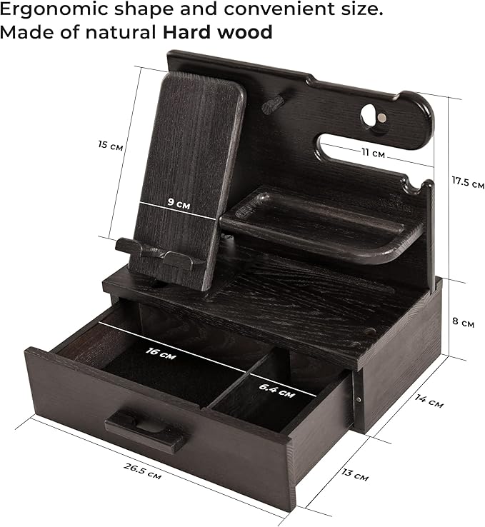 TESLYAR Wood Phone Docking Station with Drawer - Nightstand Organizer - Desk Organizer for Husband - Birthday Gifts for Men, Dad, Anniversary Idea, Key Holder Stand Watch & Accessories (Granite Black)