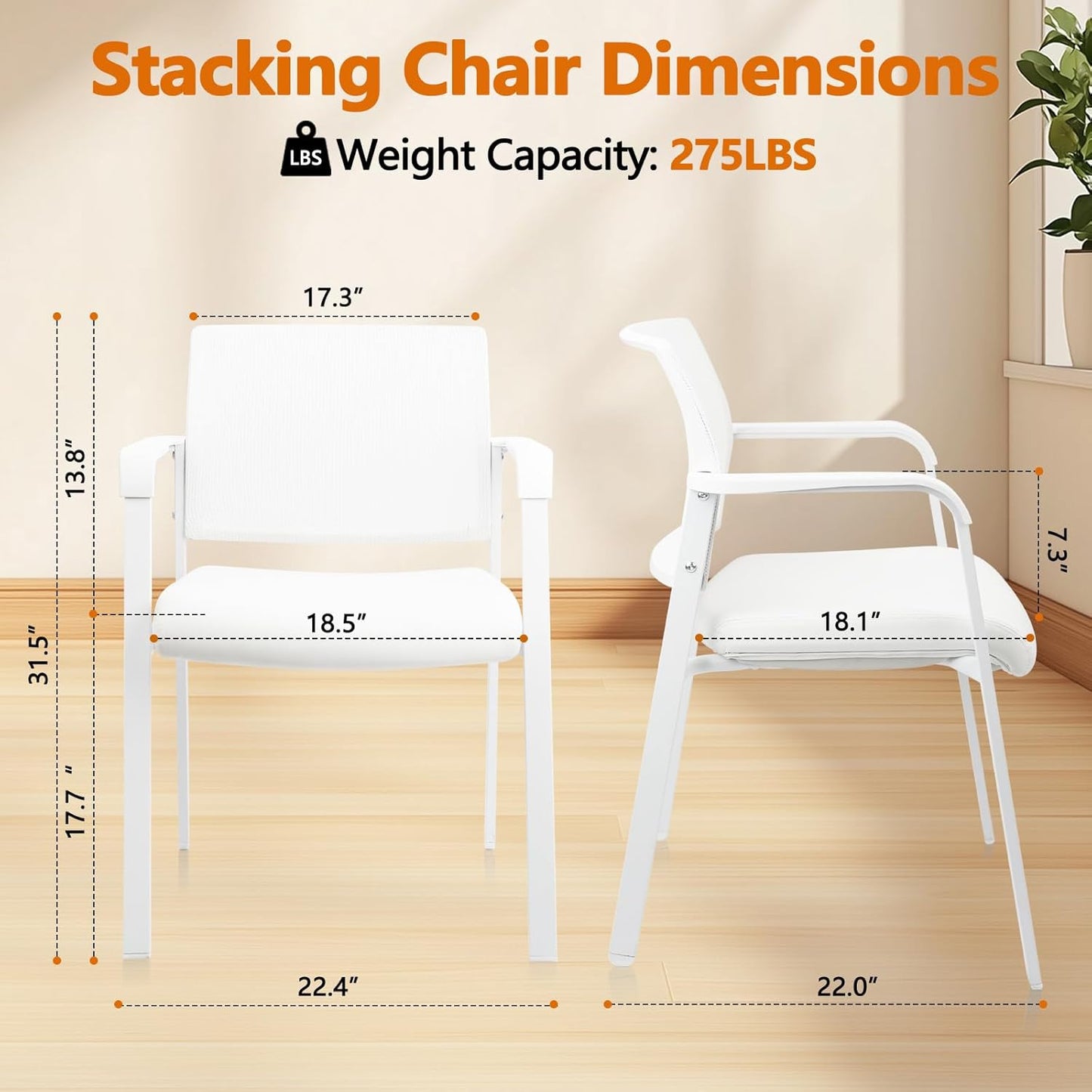 CLATINA Stacking Office Chairs | Mesh Back, Thicken Leather Seat and Arms, Ergonomic Lumbar Support | Guest Reception, Waiting, Conference, School, Party, Customer, Side, Stationary | Set of 2, White