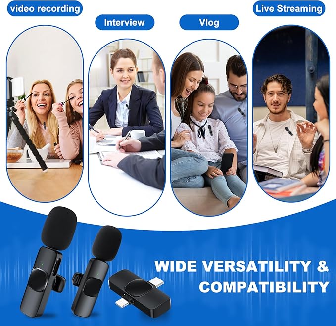 2 Pack Wireless Lavalier Microphone for iPhone/Android Phone, USB C Wireless Lav Mic, 4 Pickup Modes, Noise Cancellation, Mini Lapel Mic for Video Recording Podcast YouTube TikTok