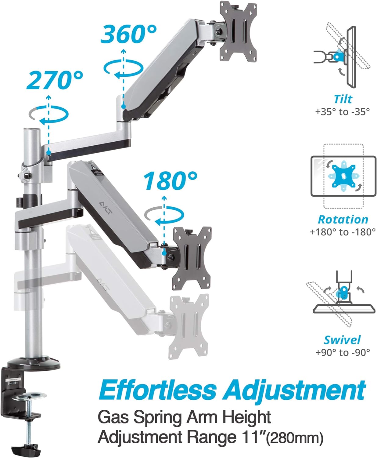 AVLT Dual 17"-32" Stacked Monitor Arm Desk Mount for 2 Flat or Curved Screens, Full Motion Height Adjustable with Swivel, Tilt, Rotation, Extra Tall, VESA, C-Clamp or Grommet Base