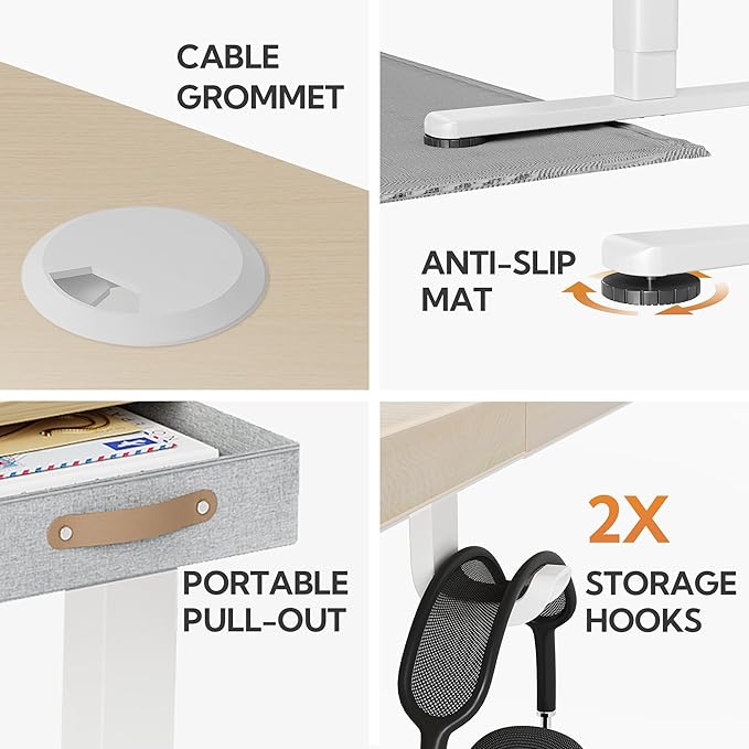 Seang Standing Desk with Drawer, 40" x 24" Height Adjustable Stand Up Desk, 3 Memory Height Settings with Cable Grommets & Storage Hooks, Ideal for Home & Office, Nature