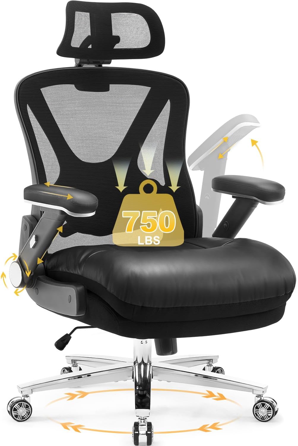 750lbs Big and Tall Office Chair- Heavy Duty Executive Chair with 5D Flip Arms and Adjustable Lumbar Support, Ergonomic Mesh High Back Desk Chair, Ergonomic Executive Home Office Computer Chair